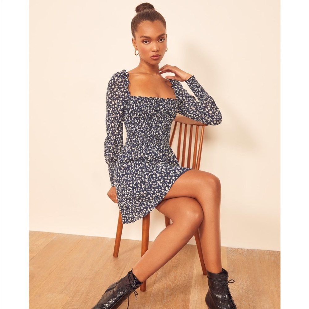 Reformation Navy Blue Floral Mini Dress
